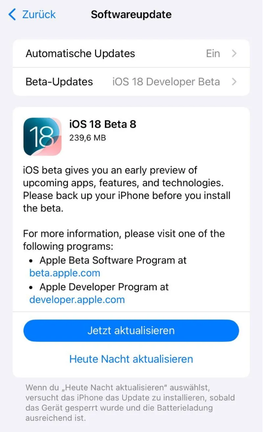 拱墅苹果手机维修分享苹果 iOS / iPadOS 18 开发者预览版 Beta 8 发布 